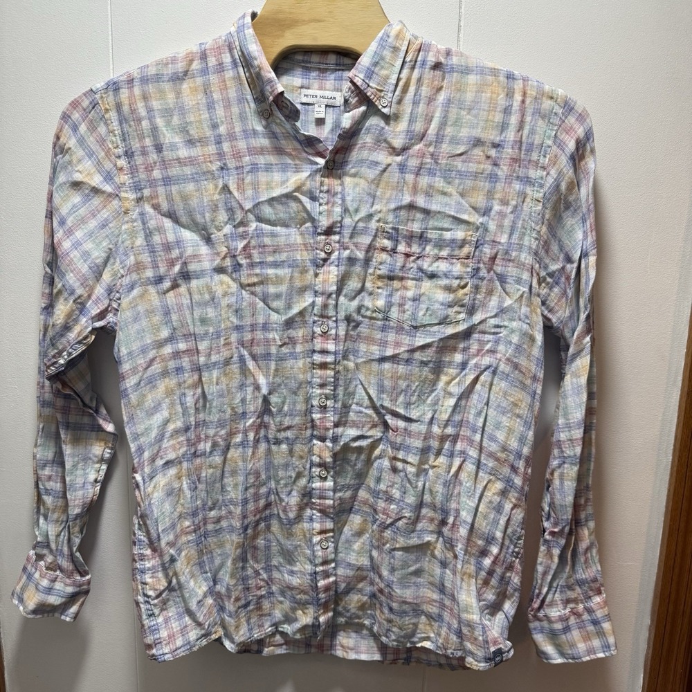 Peter Millar Shirt Mens Size XL 100% Linen Long Sleeve Button Up Colorful Plaid